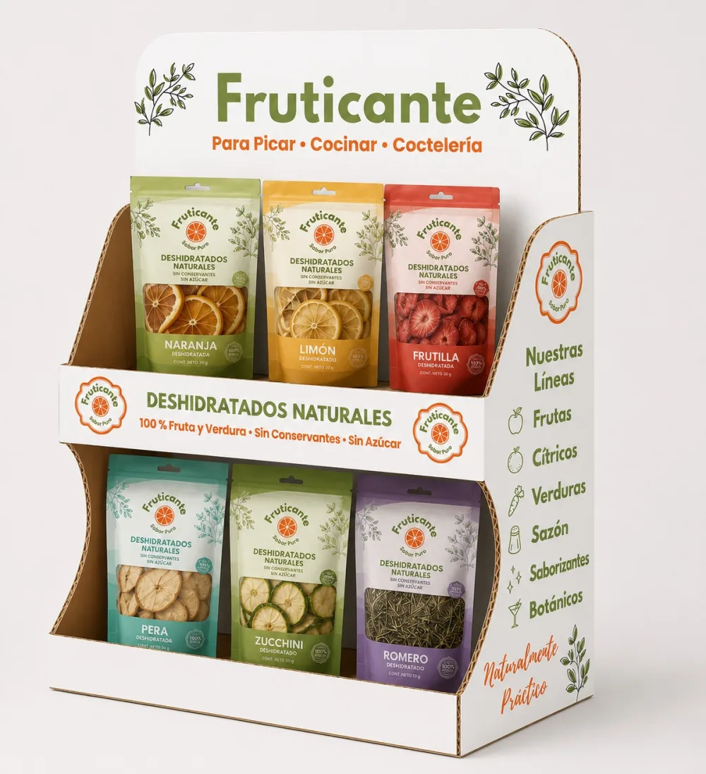 Exhibidor Fruticante en comodato con productos envasados para comercios